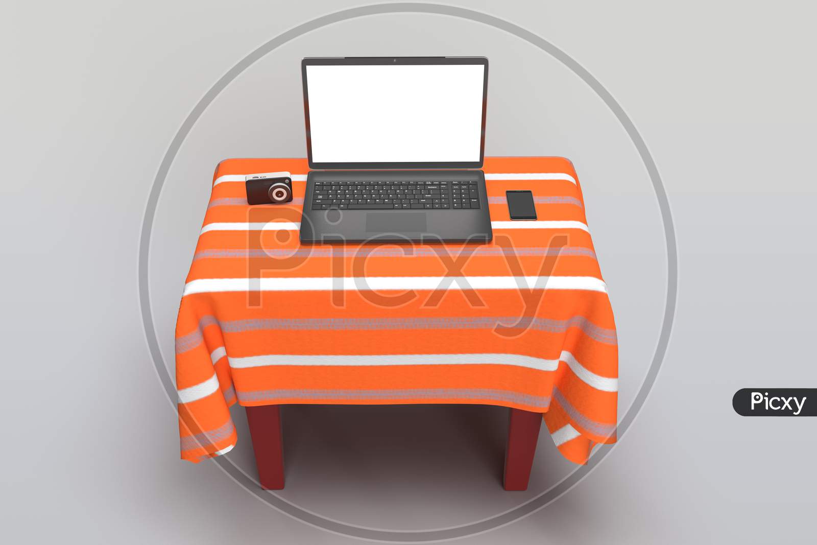 A Laptop With Blank Screen, A Digital Camera And A Smart Mobile Phone On A Covered Table With Blank Mockups Isolated In White Background, 3D Rendering