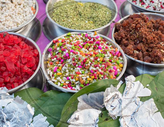 Different Types Of Colorful Garnish Pan Masala Used To Decorate Betel Leaf Banarasi Paan With Selective Focus
