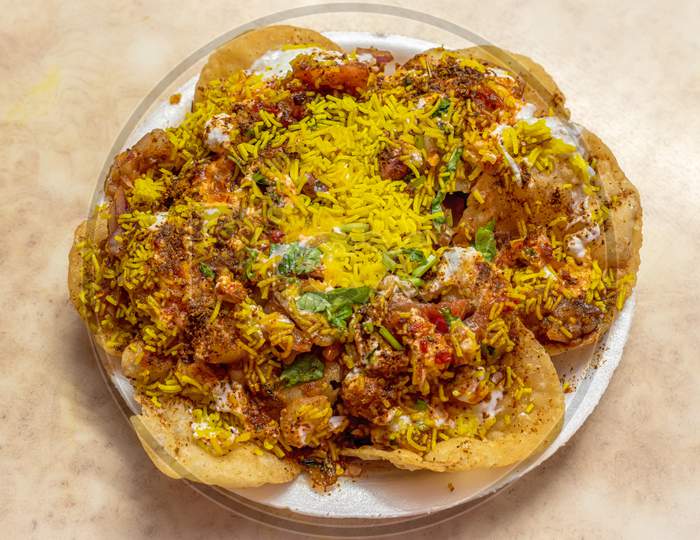 Sev Batata Puri Or Papdi Chat Is A Popular Calcutta Street Food, A Type Of Chaat, Crispy, Tangy, Moderately Healthy (Selective Focus)