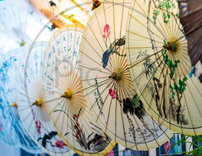 Decorated Chinese Oil-Paper Umbrellas On Display