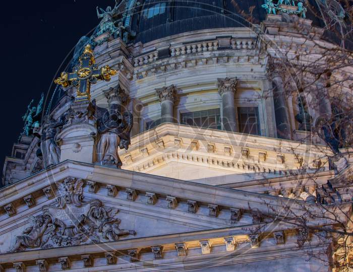 Facade Details On The Berlin Cathedral Berliner Dom At Night In Berlin, Germany
