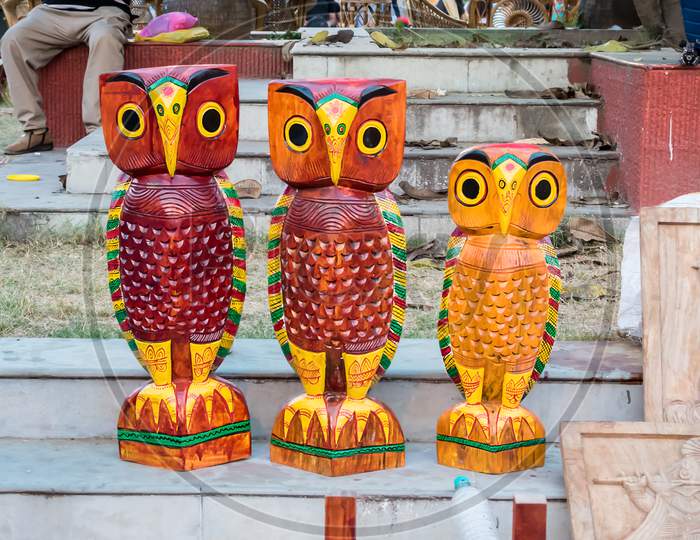 Indian Traditional Handmade Wooden Toys Owl Shaped Is Displayed In A Street Shop For Sale. Indian Handicraft And Art