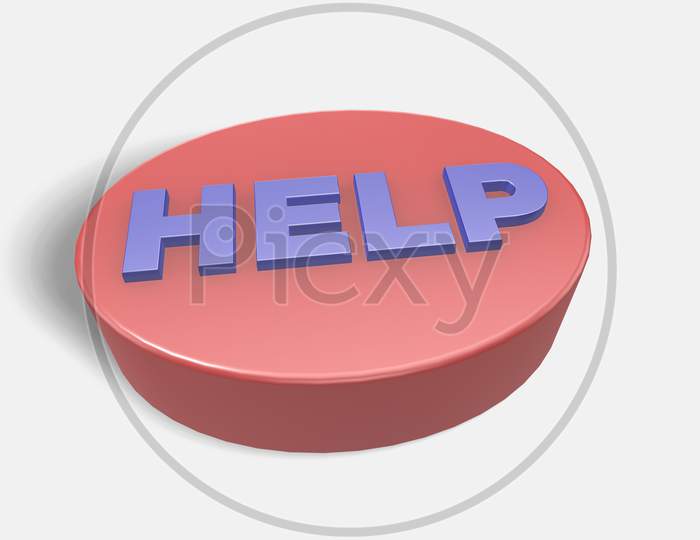 3D Render Glossy Help Button On White Background