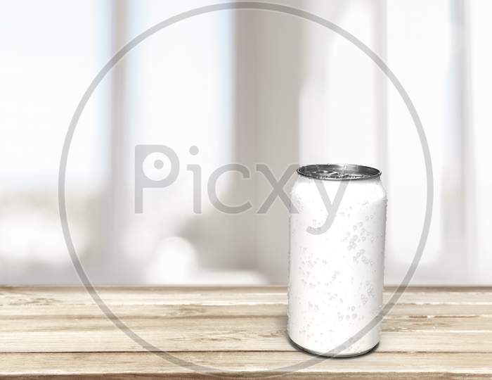 A White Metallic Soda Can With Liquid Condensation On Surface Isolated At Wooden Table Top In Blur Background For Beverage Product Mockups, 3D Rendering