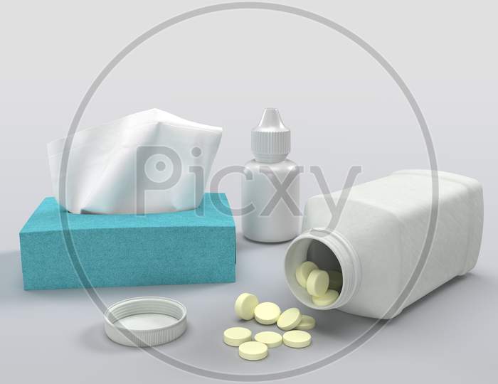 Pile Of Medical Pills With White Jar, Tissue Paper And Eye Drop With Blank Mockups Isolated In White Background, 3D Rendering
