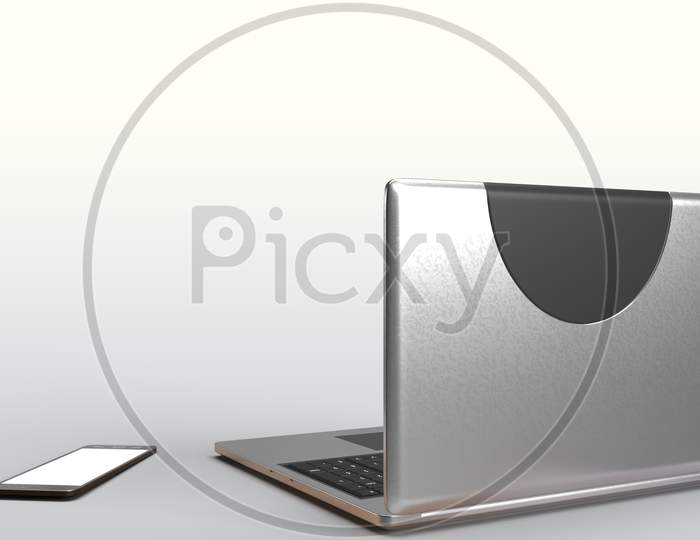 A Laptop And A Smart Mobile Phone With Blank Mockups Isolated At White Background. 3D Rendering
