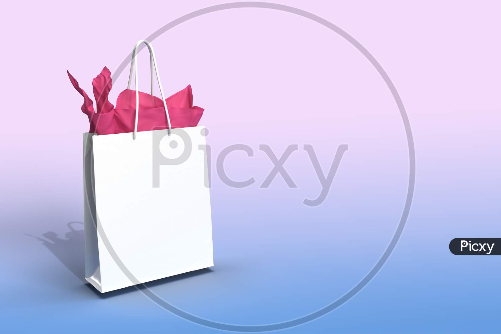 White Gift Shopping Bag Mock Up In A Blue Violet Gradient Background With Space For Text. 3D Render.
