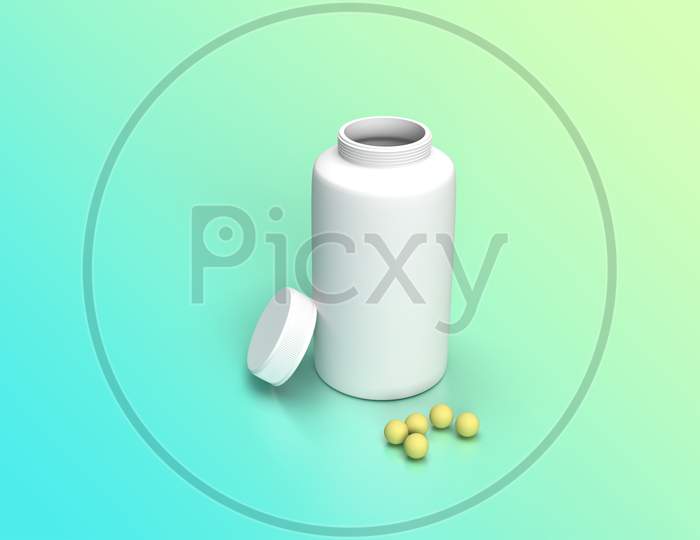 Pile Of Medical Pills And White Jar With Blank Mockups Isolated In Blue Background, 3D Rendering