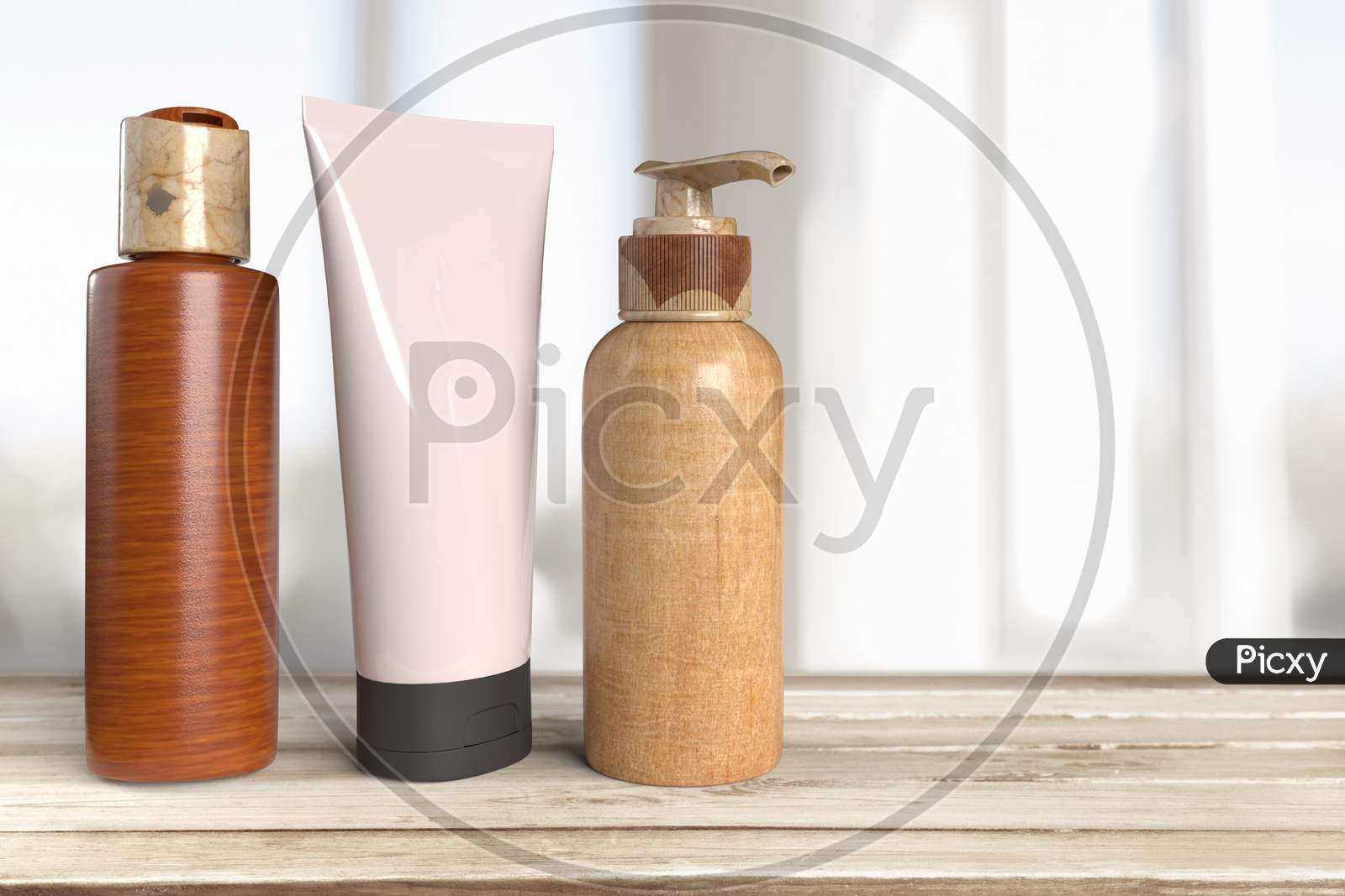 Cosmetic Set A Pump Lid Bottle, A Flip Lid Bottle And A Squeeze Tube With Blank Mockups Isolated At Wooden Table Top In Blur Interior Background, Hygienic Lifestyle Concept. 3D Rendering