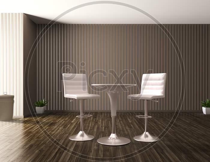 Modern Chair And Home Office Desk Decorated In Living Room, 3D Rendering