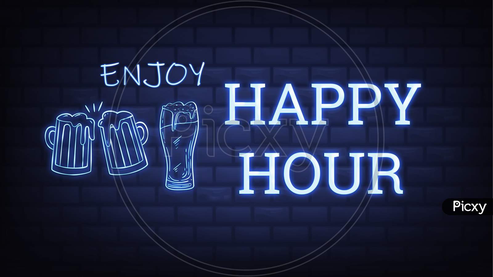 Enjoy Happy Hour Neon Sign Illustration Use For Landing Page,Website, Poster, Banner, Flyer, Background, Gift Card, Coupon, Label,Sale Promotion, Advertising, Marketing.Bar Sign, Beer Sale Promotion.