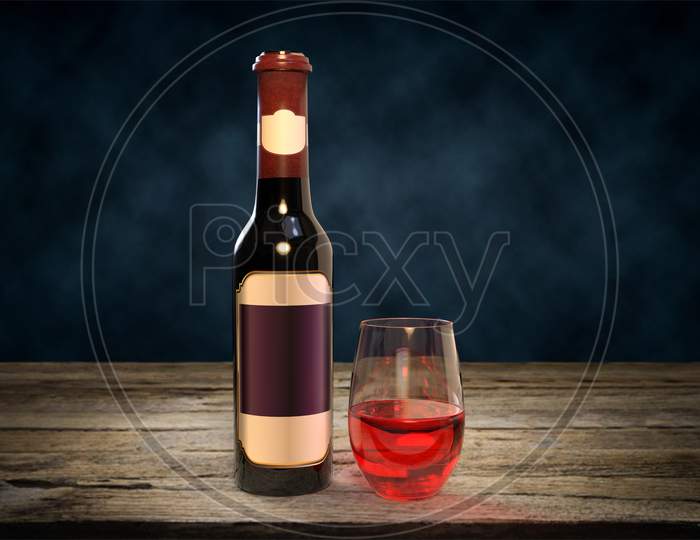 Red Wine Glasses And Bottle With Blank Mockups Isolated At Wooden Table Top In Dark Background, 3D Rendering