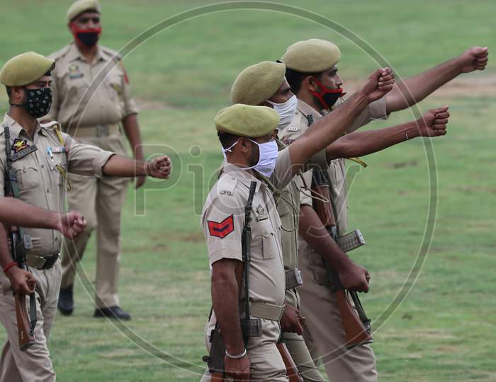 Jammu and Kashmir police rehearse march-past at the mini stadium ground ahead of Independence Day parade in Jammu, on August 9, 2020.