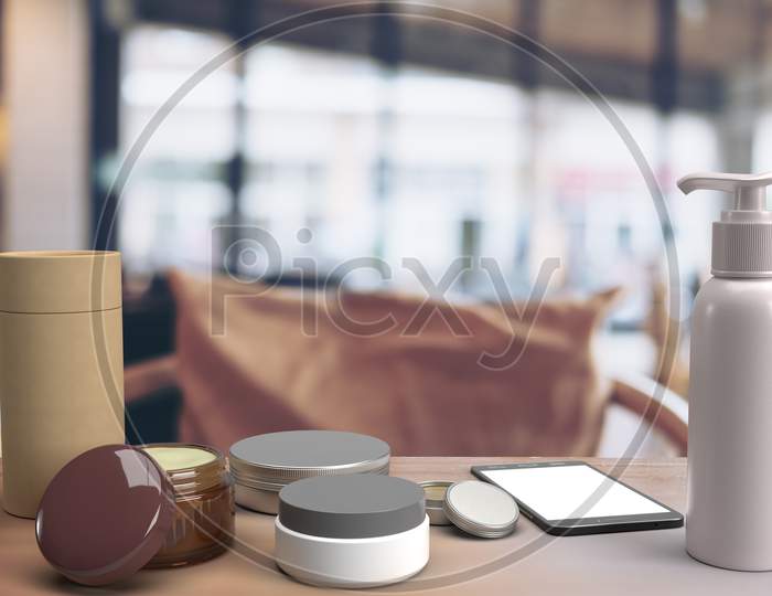 Makeup Containers And A Smart Phone Isolated At Wooden Table Top In Blur Background For Beverage Product Mockups, 3D Rendering