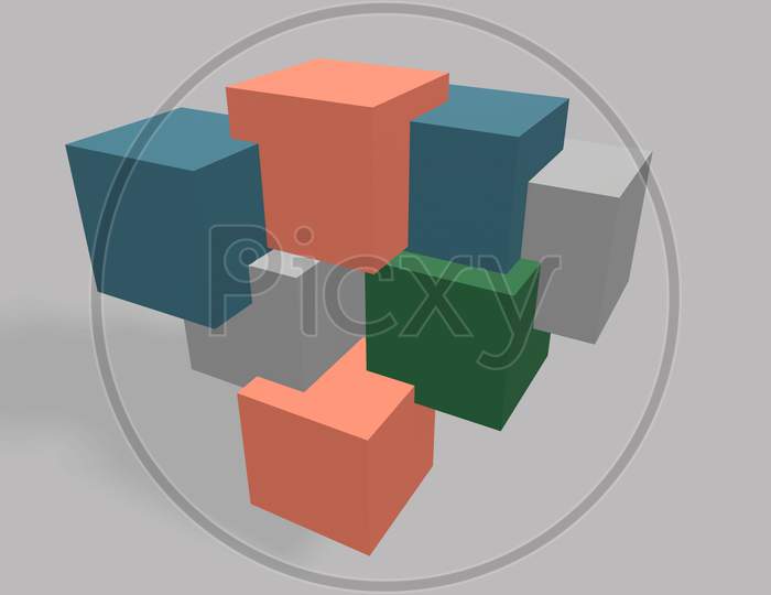 3D Render Different Color Cube On Gray Background