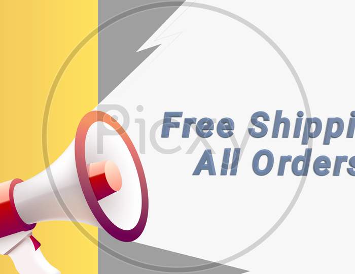 3D Render Free Shipping All Orders Tag. Banner Design Template For Marketing. Special Offer Promotion Or Retail. Background Banner Modern Graphic Design For Store Shop, Online Store, Website, Landing Page