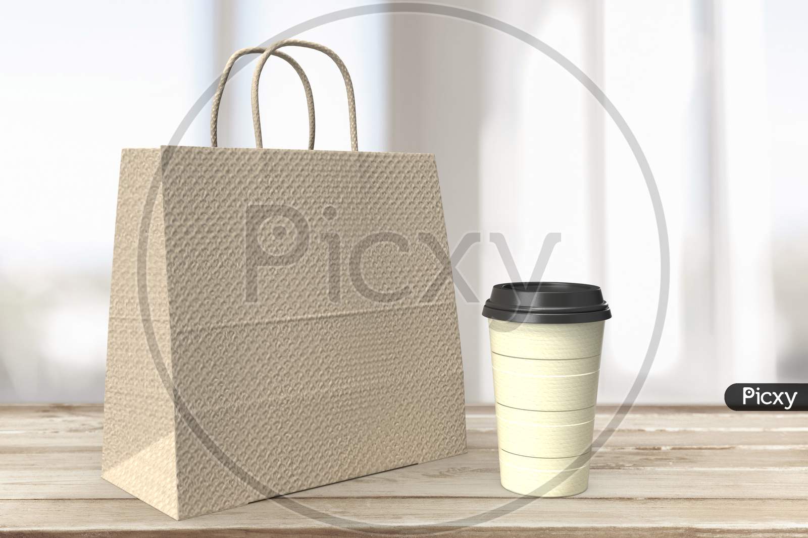 Realistic Looking Shopping Bag And Disposable Coffee Cup With Blank Mockups At Wooden Table Top In Blurred Background, 3D Rendering