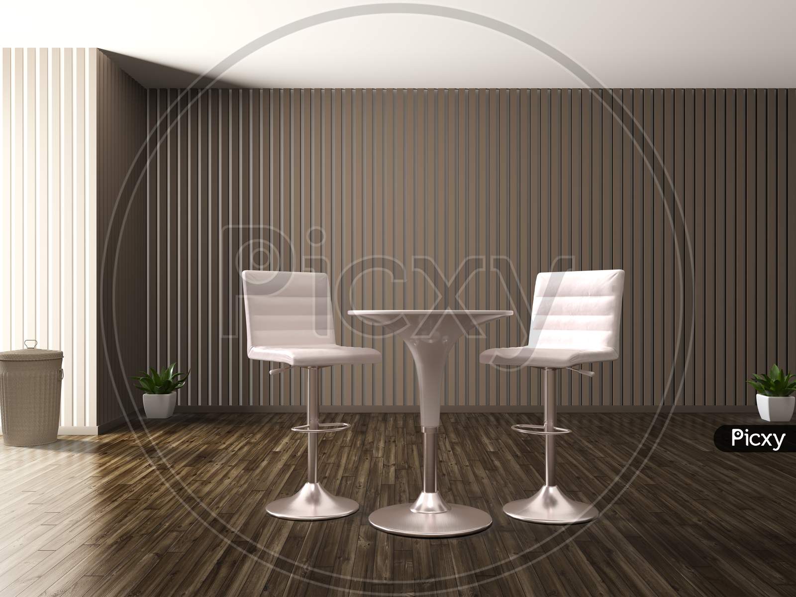 Modern Chair And Home Office Desk Decorated In Living Room, 3D Rendering