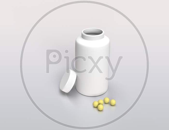 Pile Of Medical Pills And White Jar With Blank Mockups Isolated In White Background, 3D Rendering