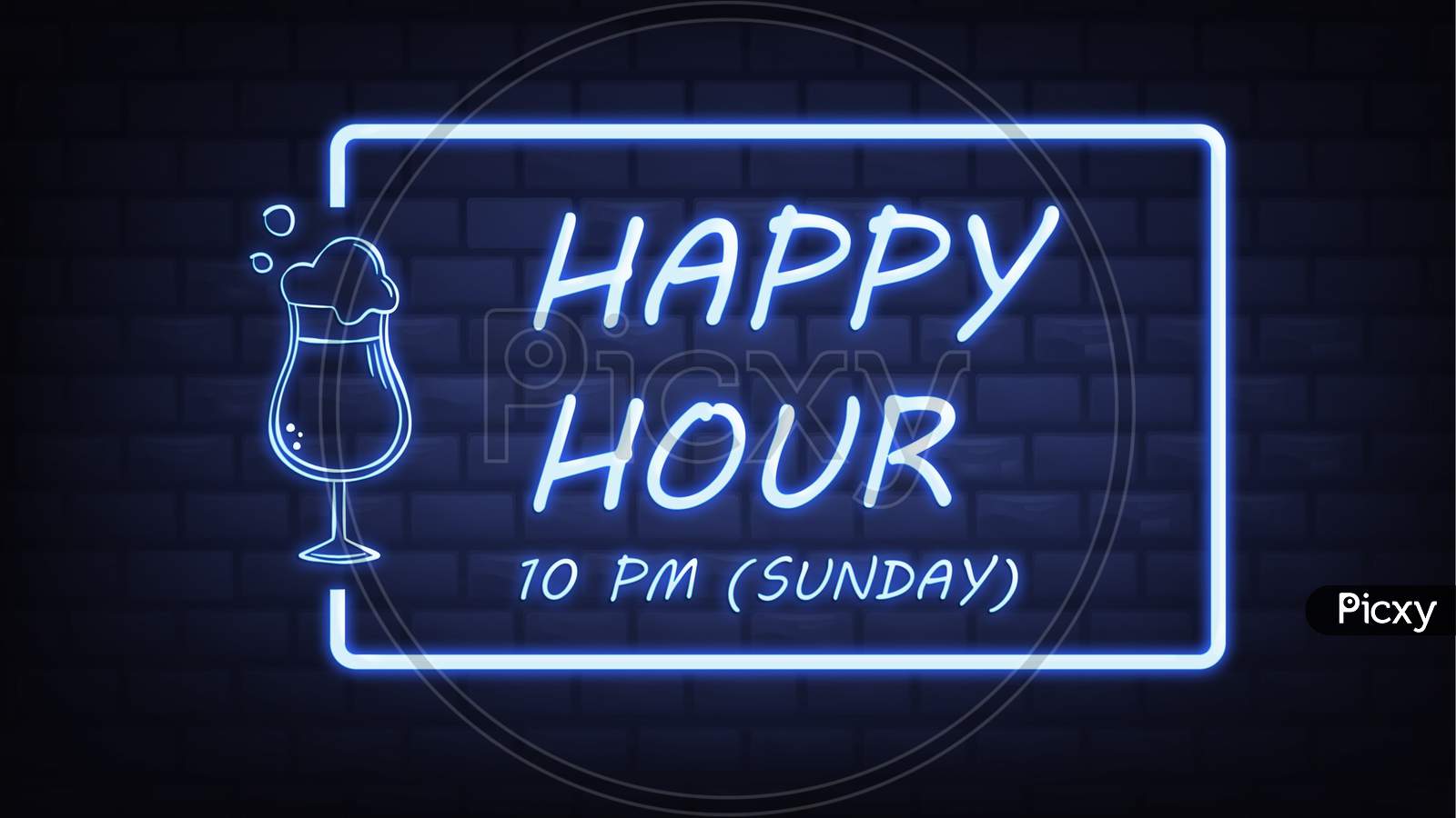 Happy Hour 10 Pm Friiday Neon Words Illustration Use For Landing Page,Website, Poster, Banner Background, Gift Card, Coupon, Label,Sale Promotion, Advertising, Marketing.Bar Sign, Beer Sale Promotion.
