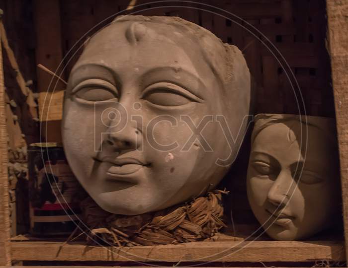 Clay Idol Face Of Goddess Durga, Under Preparation For "Durga Puja' Festival. Biggest Festival Of Hinduism, Celebrated All Over The World