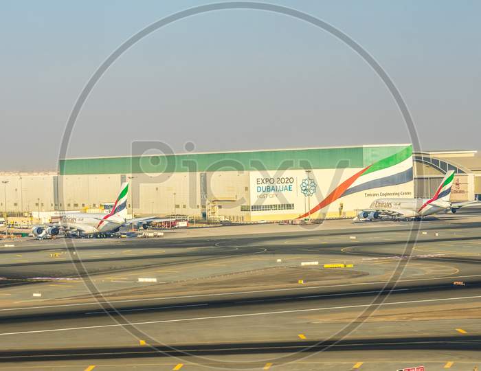 Dubai, Emirates - 18 November 2018: Emirates Plane Hangar At Airport At Dubai With Expo 2020 Dubai Uae