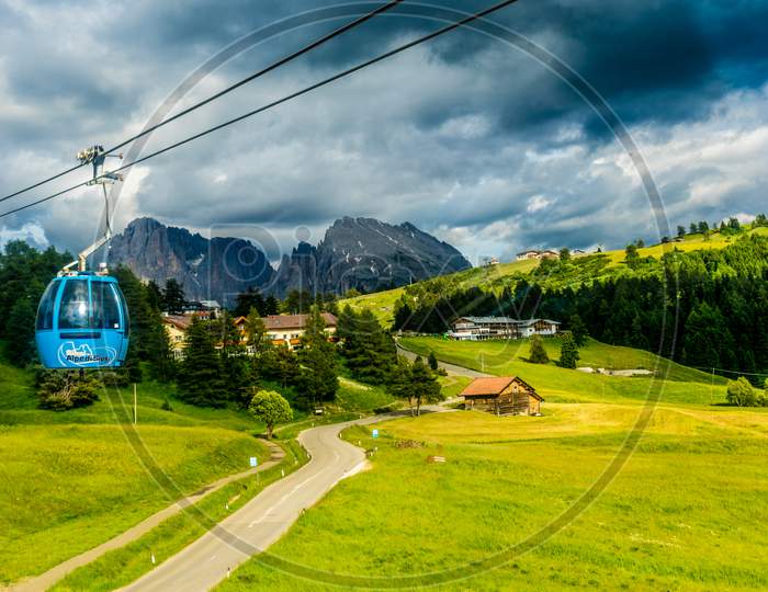 Seiser Alm, Italy - 29 June 2018: Panorama Cable Car Lift Of Seiser Alm, Alpe Di Siusi In Italy