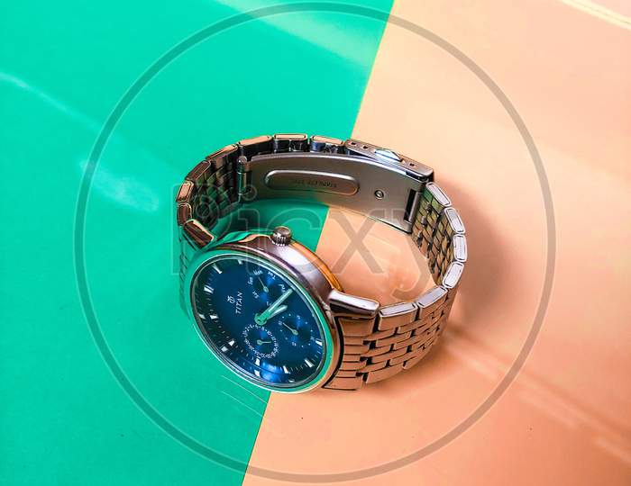 Titan chronograph watch metal belt blue dial