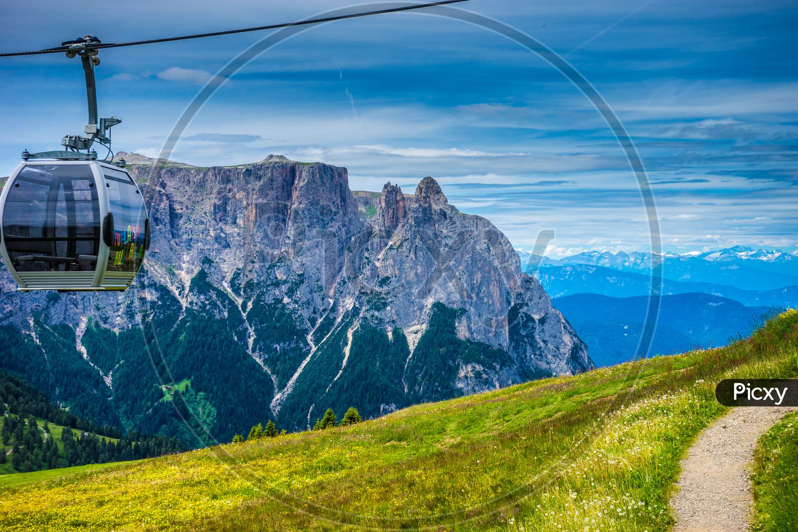 Seiser Alm, Italy - 29 June 2018: Panorama Cable Car Lift Of Seiser Alm Puflatsch Bullaccia, Alpe Di Siusi In Italy