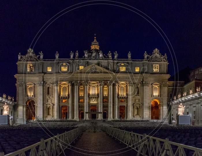 Vatican City,Italy - 23 June 2018: St.Peters Basilica Is Illuminated With Lights At Night In Vatican City In The Square At Night