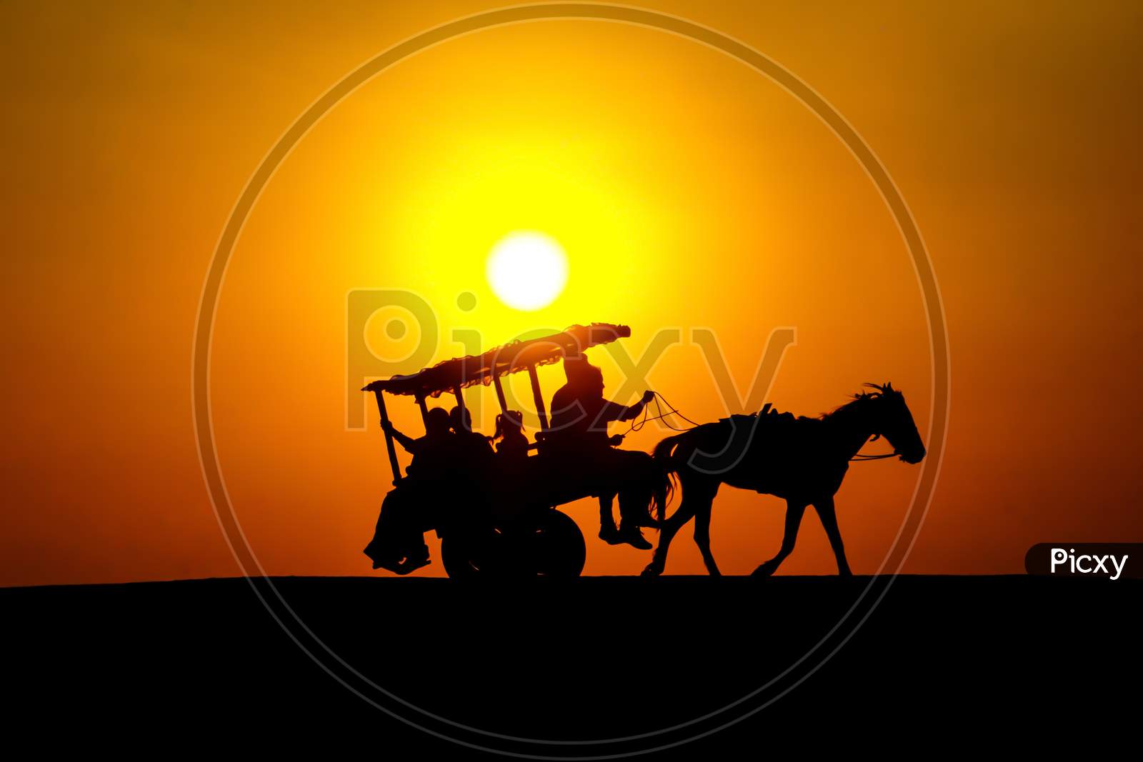Beautiful sunset, Family in horse cart going in tour