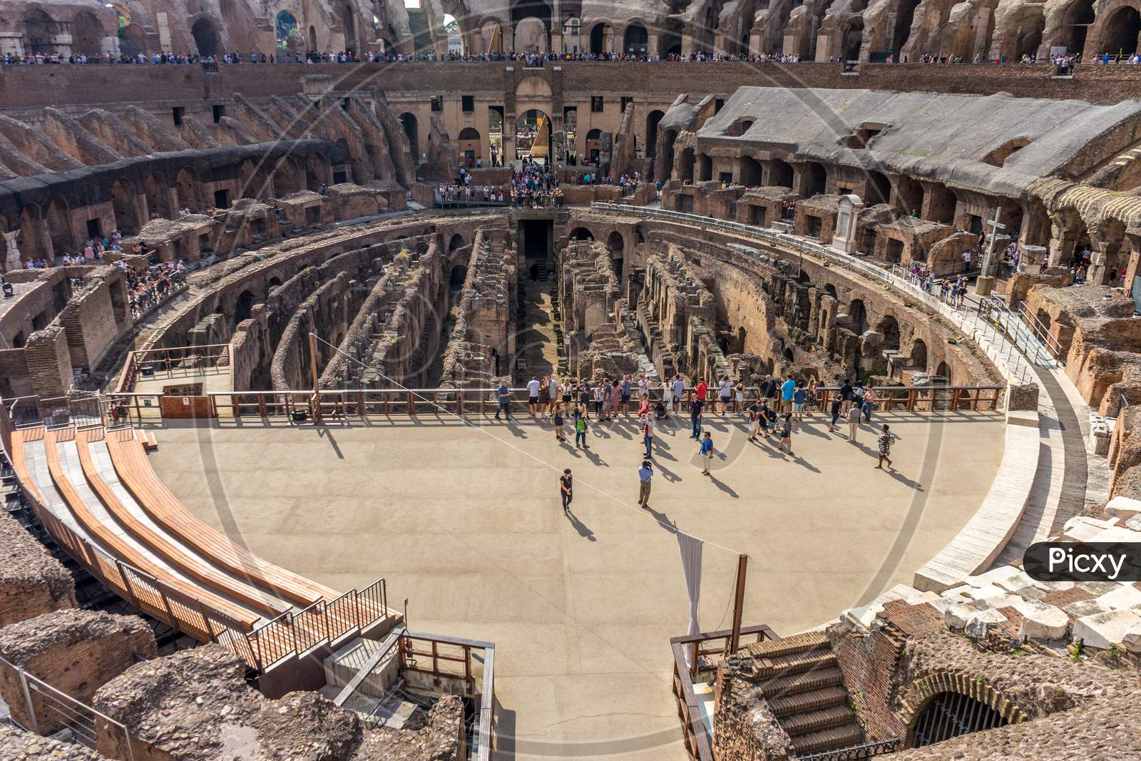 Rome, Italy - 23 June 2018: Interior Of The Roman Colosseum (Coliseum, Colosseo), Also Known As The Flavian Amphitheatre. Famous World Landmark. Scenic Urban Landscape.