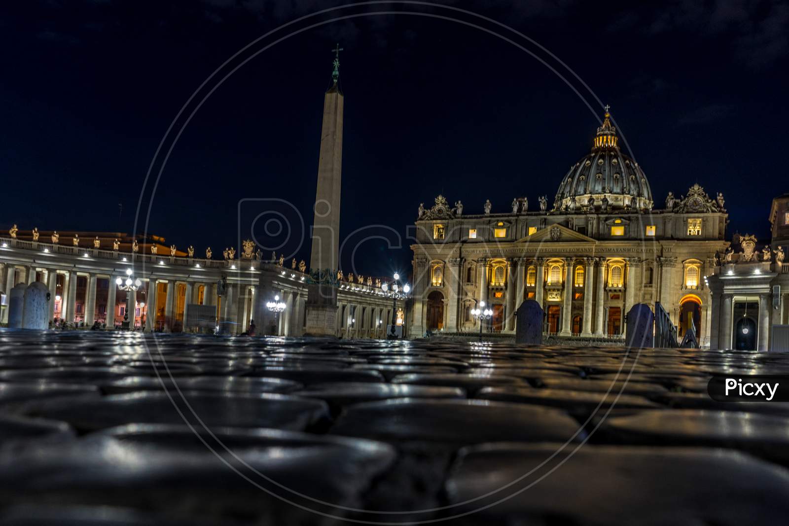 Vatican City,Italy - 23 June 2018: St.Peters Basilica Is Illuminated With Lights At Night In Vatican City In The Square With Moonlight At Night