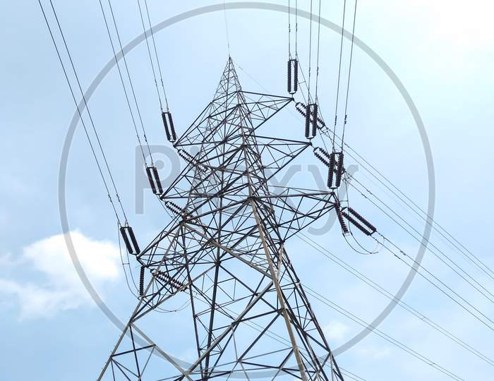 Electricity transmission tower and power lines