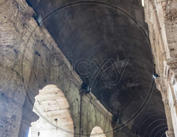 Rome, Italy - 23 June 2018: The Ceiling Of The Passage At The Entrance Of The Roman Colosseum (Coliseum, Colosseo), Also Known As The Flavian Amphitheatre. Famous World Landmark. Scenic Urban Landscape.