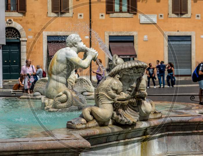 Rome, Italy - 24 June 2018: Fontana Del Moro (Moor Fountain) Is A Fountain Located At The Southern End Of The Piazza Navona In Rome, Italy