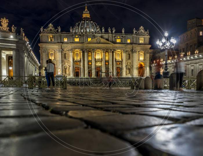 Vatican City,Italy - 23 June 2018: St.Peters Basilica Is Illuminated With Lights At Night In Vatican City In The Square With Moonlight At Night