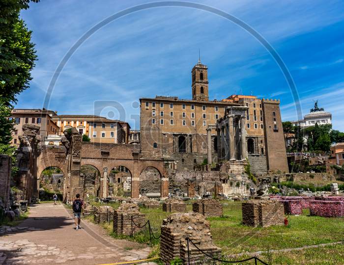 Rome, Italy - 23 June 2018: Ruins Of Roman Forum Viewed In Rome,Italy