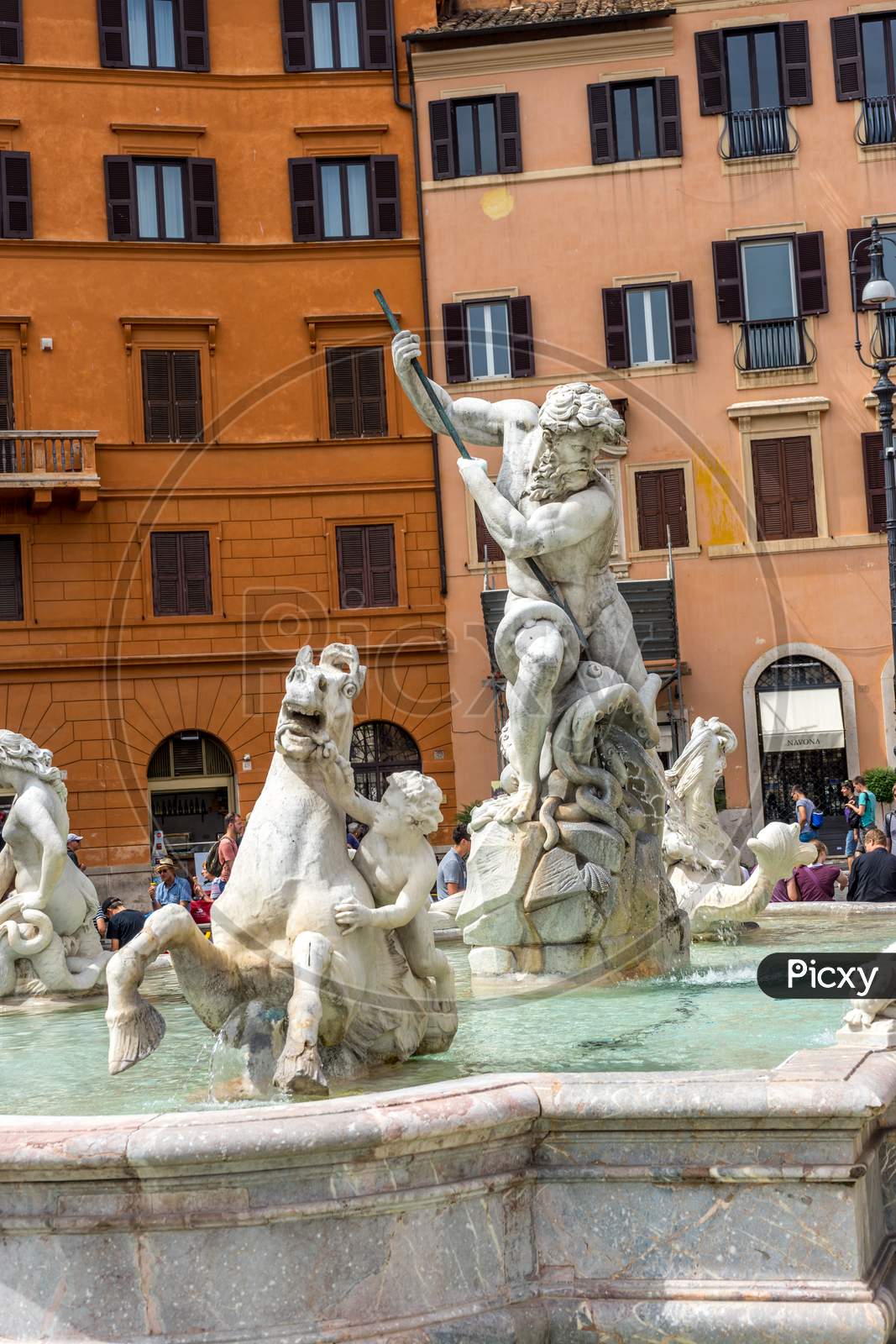 Rome, Italy - 24 June 2018: The Fountain Of Neptune, Fontana Del Nettuno, Is A Fountain Located At The North End Of The Piazza Navona. It Was Once Called "Fontana Dei Calderari