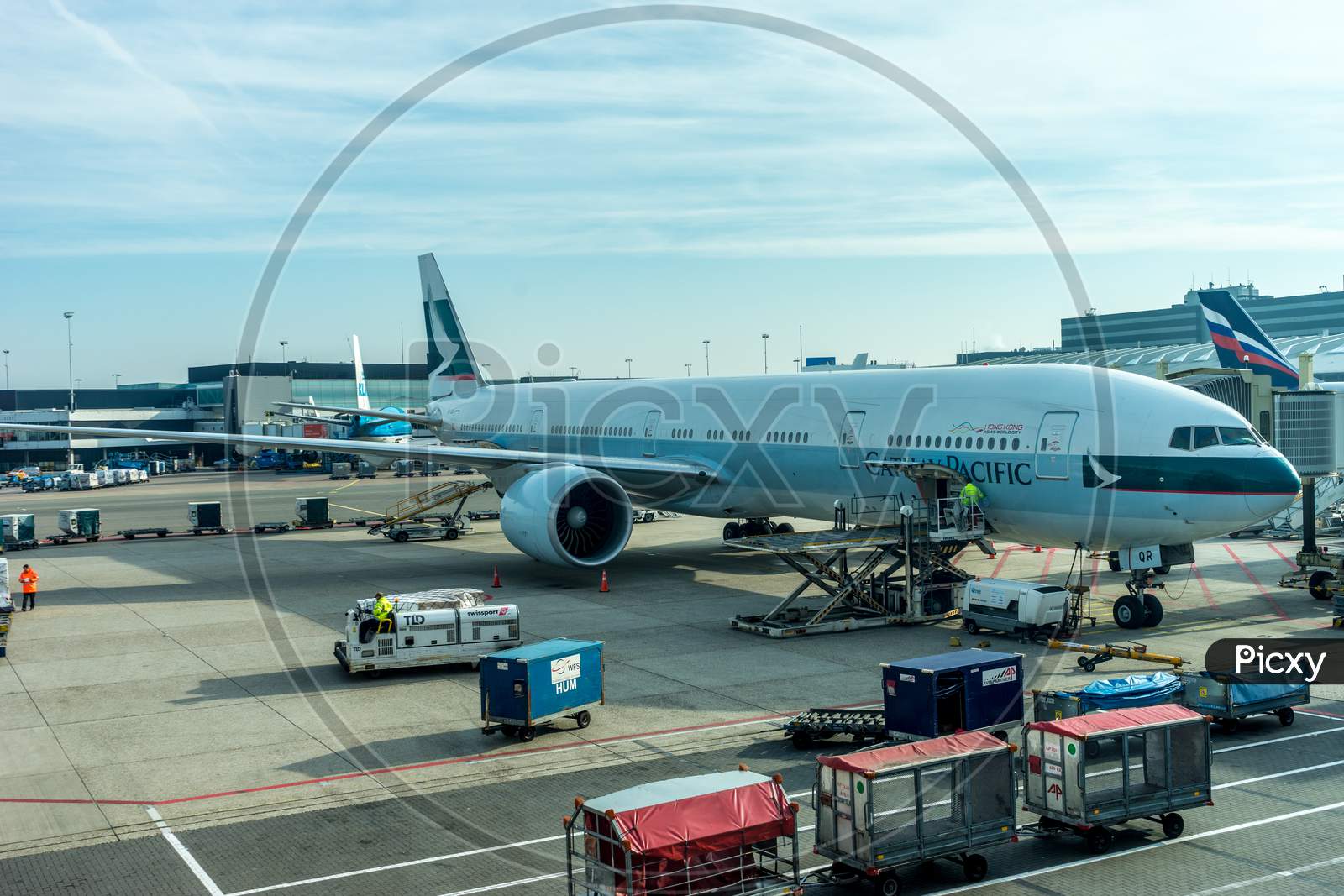Schiphol, Amsterdam, Netherlands - 4 November 2018 : Cathay Pacific Planes Waiting At The Airport Dock
