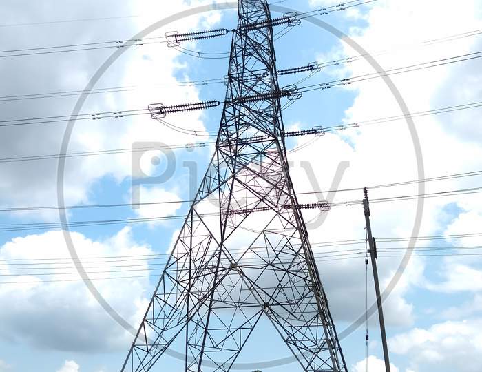 Electricity transmission tower and power lines