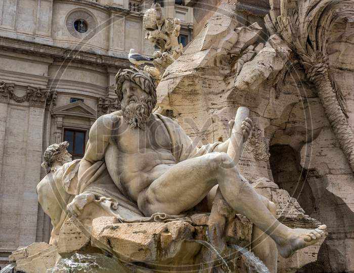 Rome, Italy - 24 June 2018: The Fontana Dei Quattro Fiumi ( Fountain Of The Four Rivers) By Gianlorenzo Bernini 1651, Piazza Navona