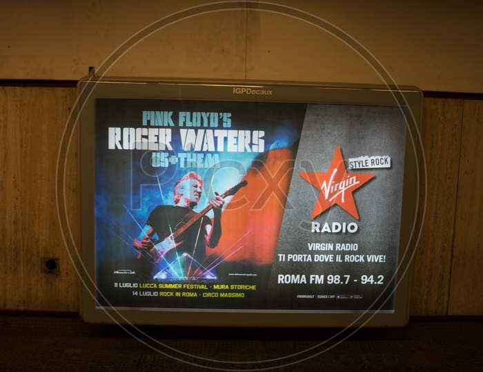 Rome, Italy - 24 June 2018: Poster Of Pink Floyd Roger Waters Us And Them In Rome, Italy