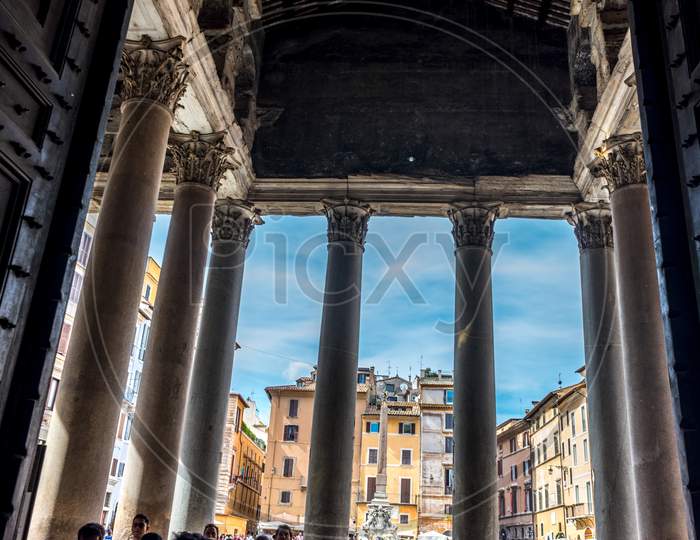 Rome, Italy - 24 June 2018: Tourists Visit The Pantheon, Roman Pantheon Is One Of The Best-Known Sights Of Rome. Pantheon Square With The Ancient Egyptian Obelisk