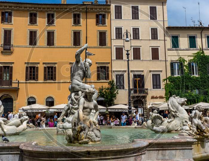 Rome, Italy - 24 June 2018: The Fountain Of Neptune, Fontana Del Nettuno, Is A Fountain Located At The North End Of The Piazza Navona. It Was Once Called "Fontana Dei Calderari