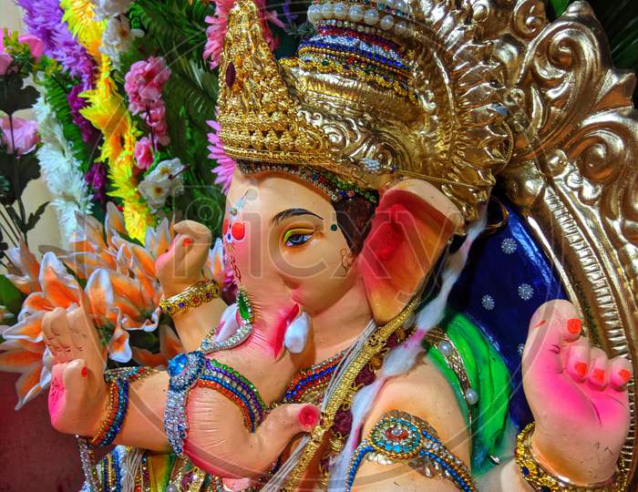 A close up shot of lord Ganesha statue