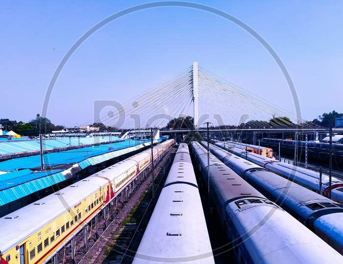 beautiful scenery of Indian trains parked at railway station due to corona virus effect on India, skyline view