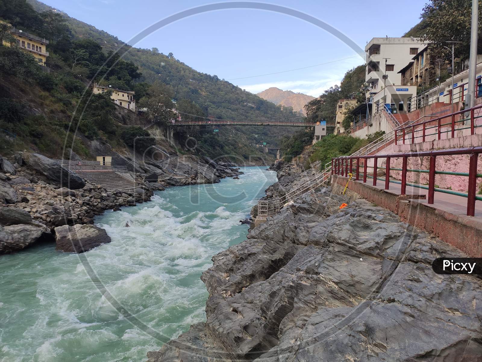 White water rapids in Bhagirathi river originates from Gangotri in Indian Himalayas at Devprayag, Uttrakhand, India