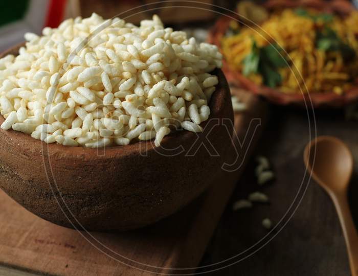 Indian evening snacks. puffed rice, served on an earthen pot
