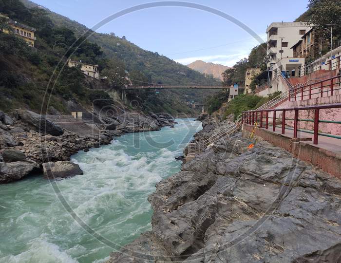 White water rapids in Bhagirathi river originates from Gangotri in Indian Himalayas at Devprayag, Uttrakhand, India